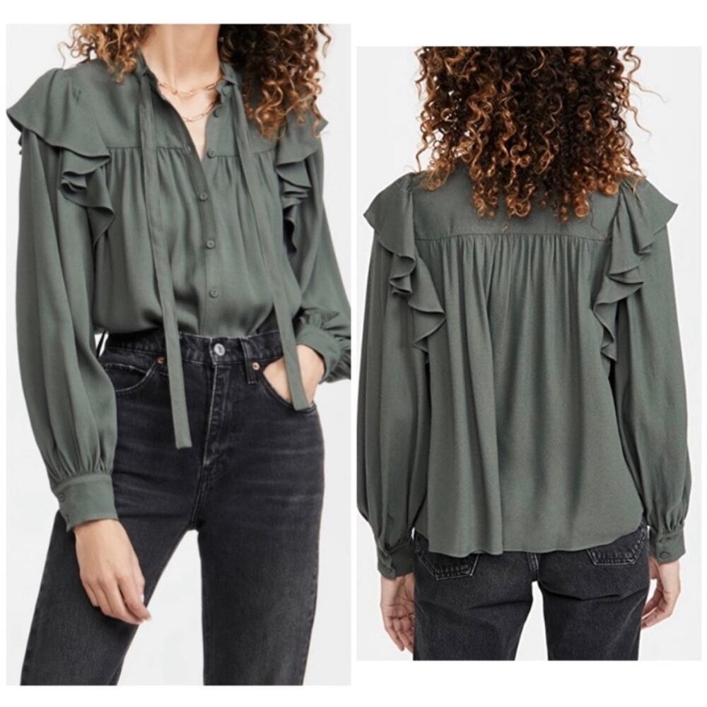 Ulla Johnson Tabitha Ruffle Button Up Blouse Green Size 8